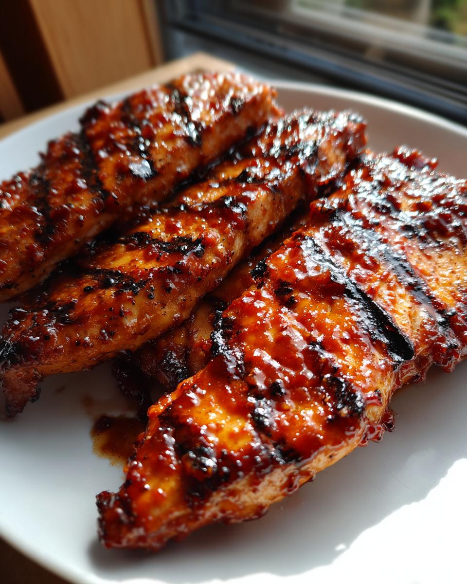 Close-up of grilled BBQ chicken pieces on a white plate, showcasing the glaze and grill marks.