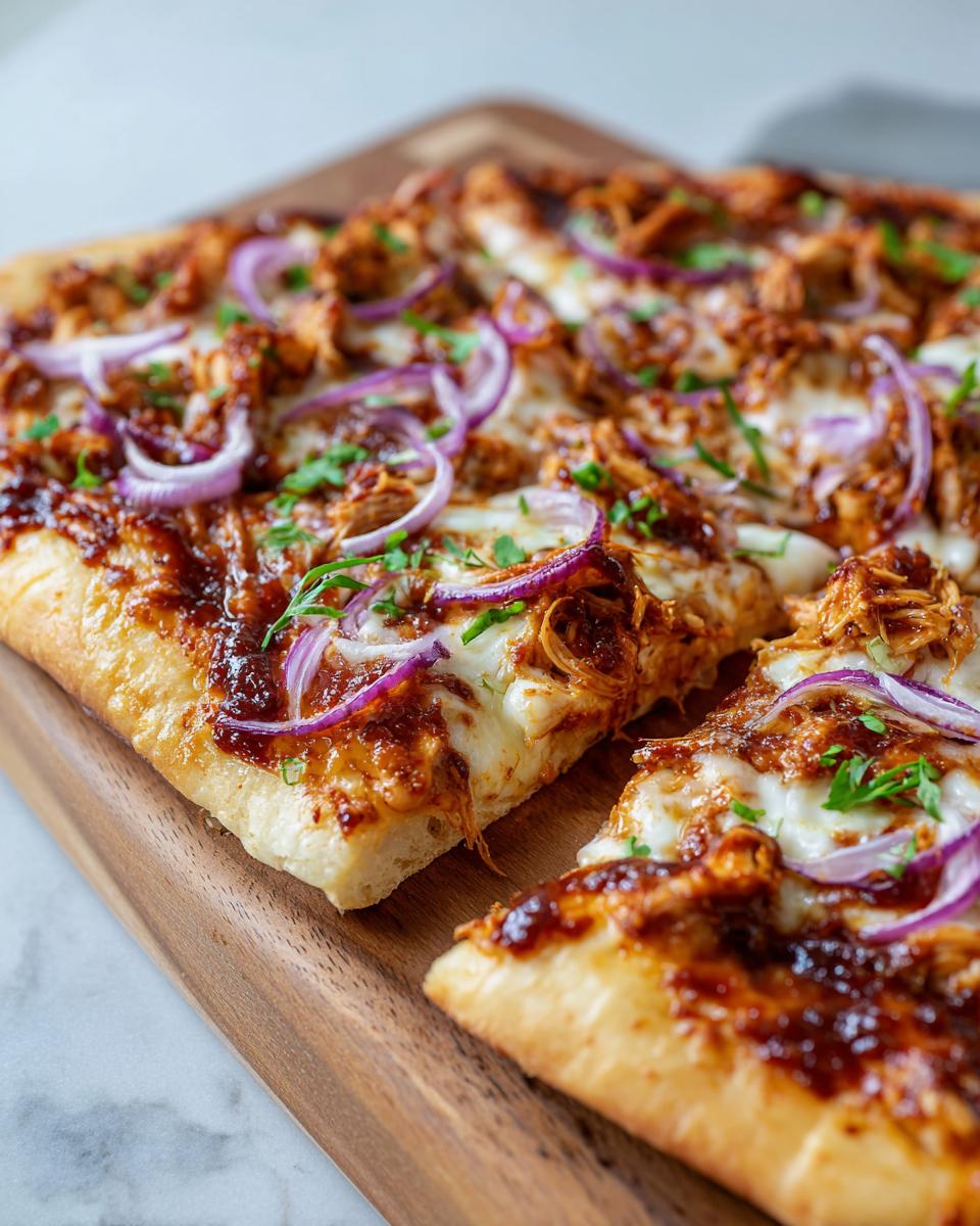 Close-up of a delicious BBQ Chicken Pizza with Red Onion, featuring shredded chicken, melted cheese, and red onion slices.