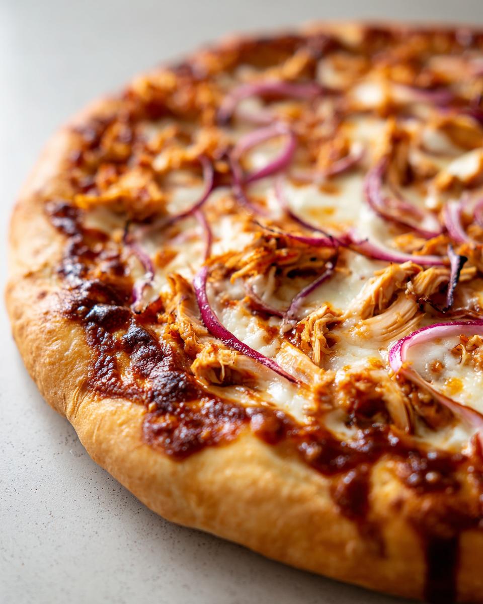 Close-up of a delicious BBQ Chicken Pizza with Red Onion, featuring melted cheese and a golden crust.