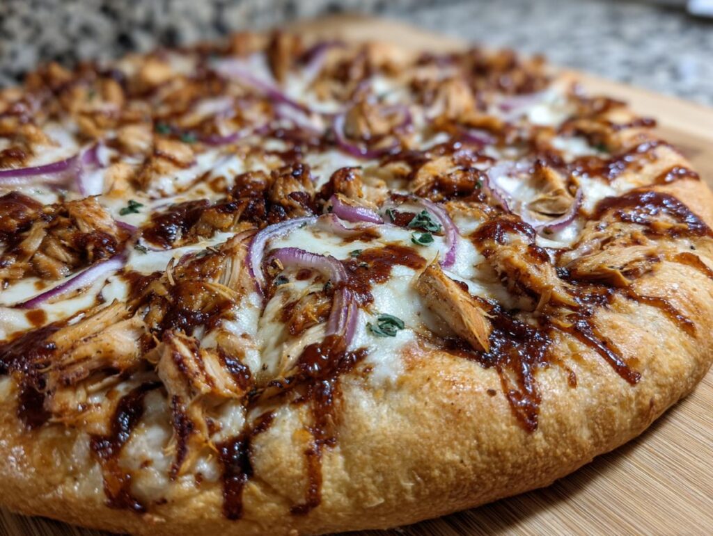 Close-up of a delicious BBQ Chicken Pizza with Red Onion, featuring melted cheese, shredded chicken, and a drizzle of BBQ sauce.