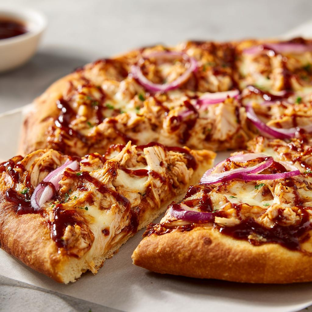 A close-up of a slice of BBQ Chicken Pizza with Red Onion, showcasing shredded chicken, melted cheese, and red onion rings.