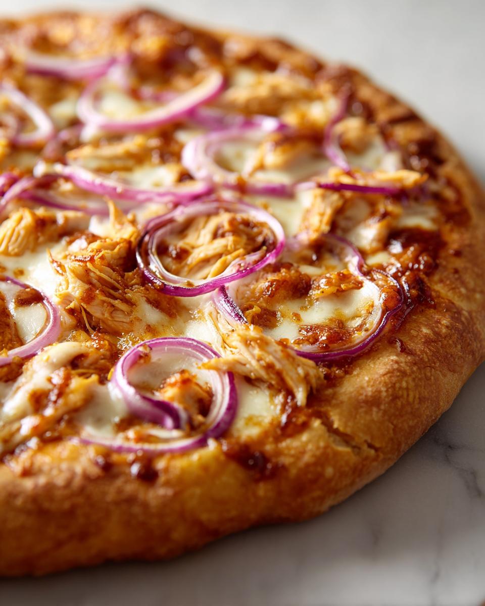 Close-up of a delicious BBQ Chicken Pizza with Red Onion, featuring shredded chicken, melted cheese, and red onion rings.