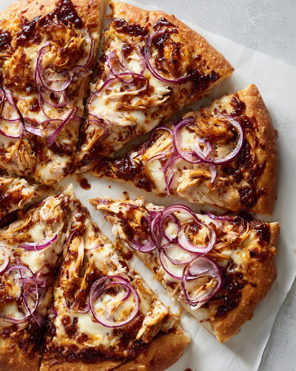 A delicious slice of BBQ Chicken Pizza with Red Onion, showcasing shredded chicken, melted cheese, and red onion rings.