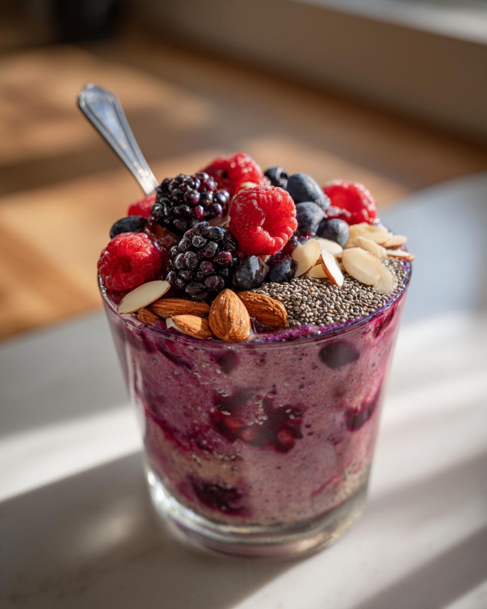 A vibrant weight loss smoothie bowl in a glass, topped with mixed berries, almonds, and chia seeds.