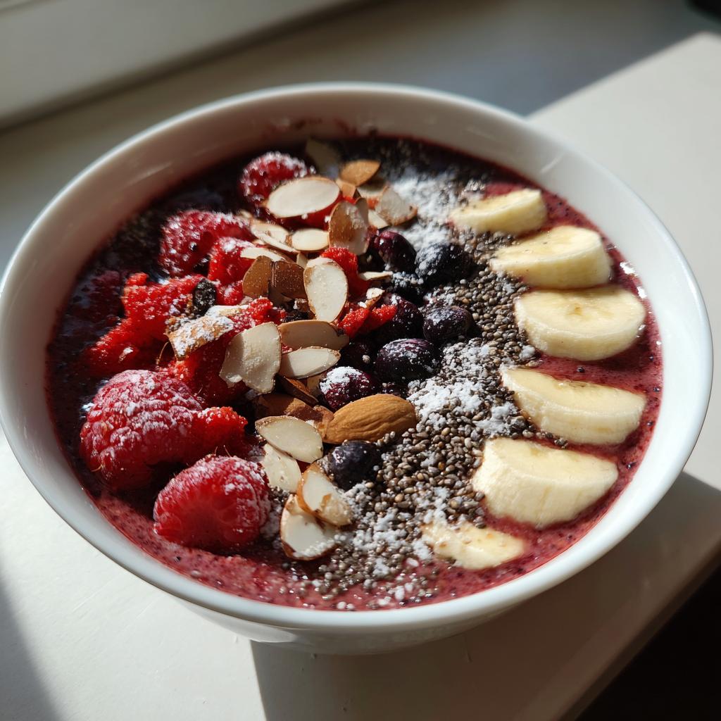 A vibrant weight loss smoothie bowl with raspberries, blueberries, banana, almonds, and chia seeds.