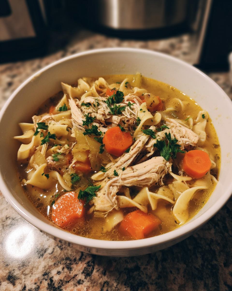 A bowl of one of the best chicken soups, filled with noodles, shredded chicken, carrots, and parsley.
