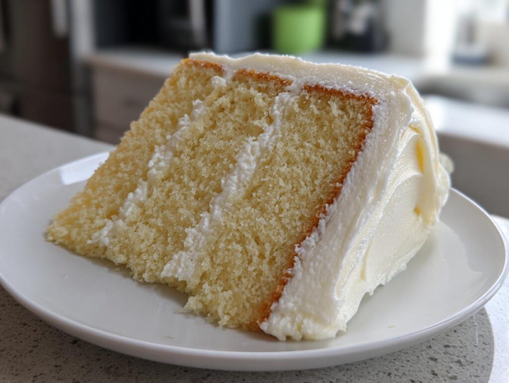 A slice of layered birthday cake ideas with white frosting on a white plate, perfect for a celebration.
