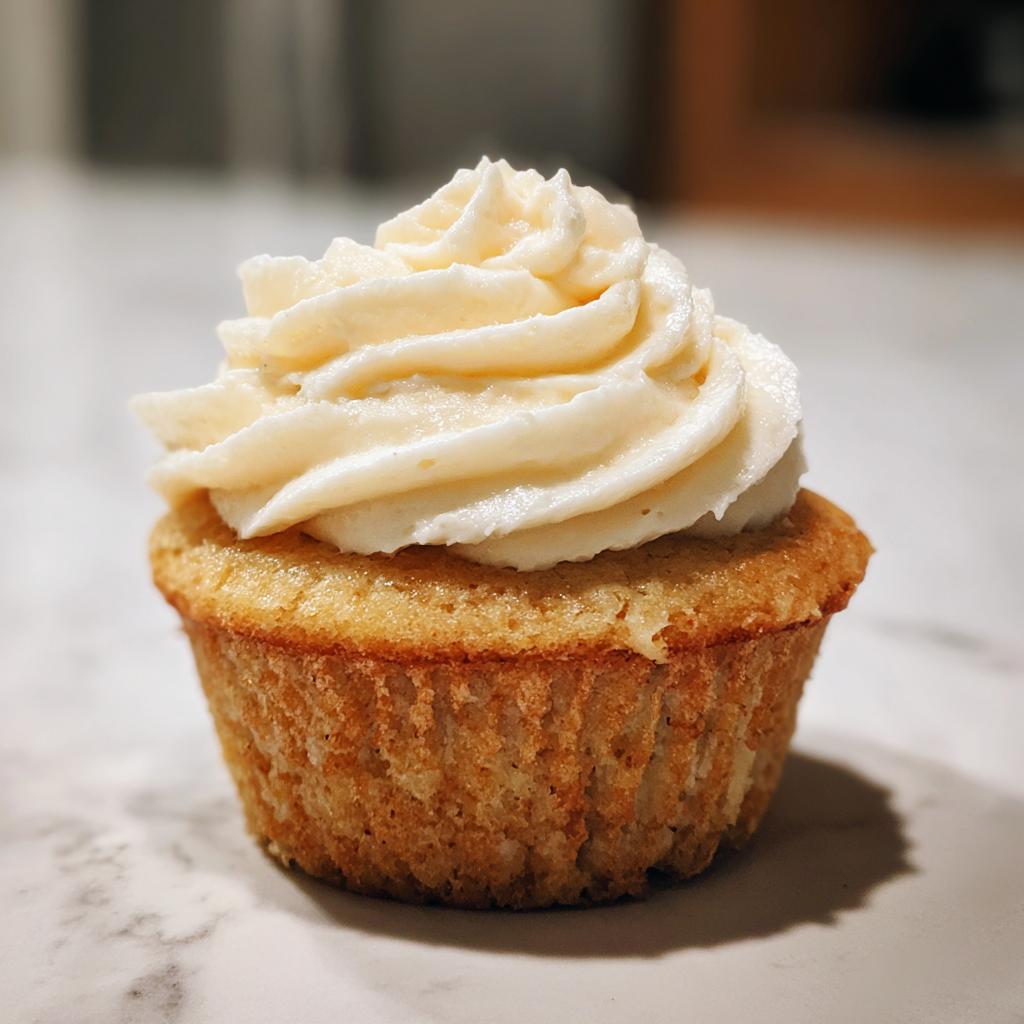 A single birthday cupcake with swirled white frosting on a marble surface.