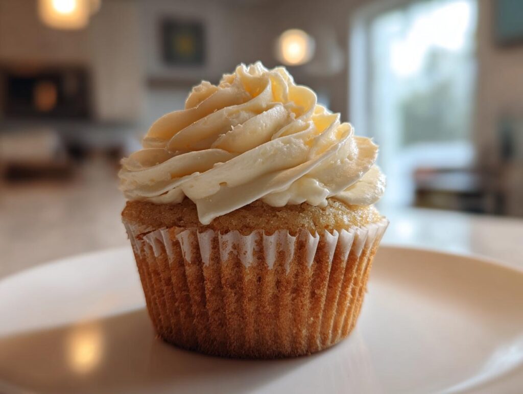A single birthday cupcake with white frosting sits on a white plate, ready to be enjoyed.