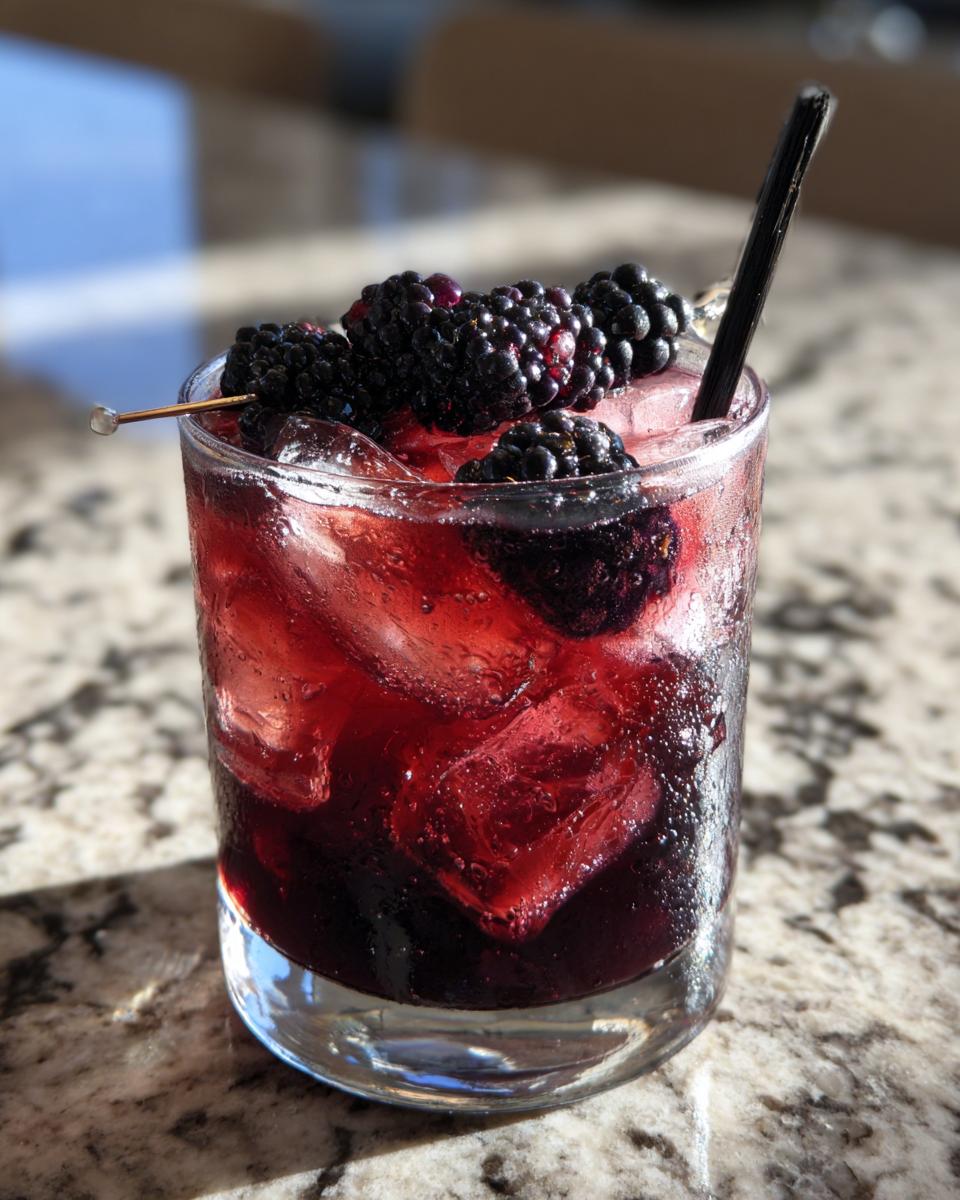 A refreshing glass of Black Magic Sangria filled with ice and fresh blackberries, garnished with a skewer of berries and a black straw.