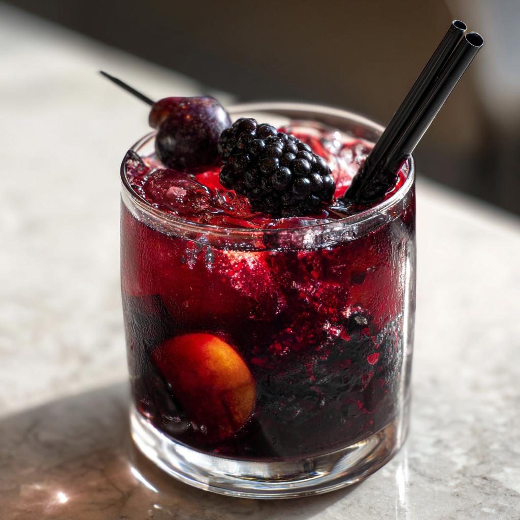 A glass of spooky Black Magic Sangria filled with dark berries, ice, and garnished with a blackberry and cherry.