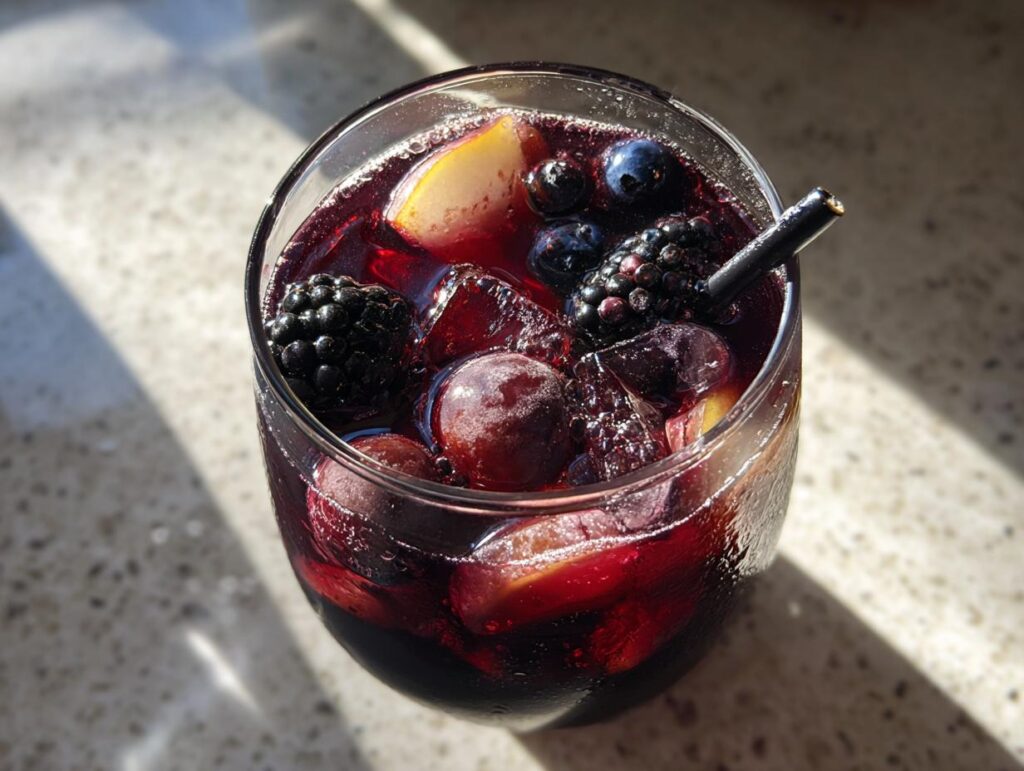 A glass of dark red Black Magic Sangria filled with ice, grapes, blackberries, blueberries, and peach slices, with a black straw.