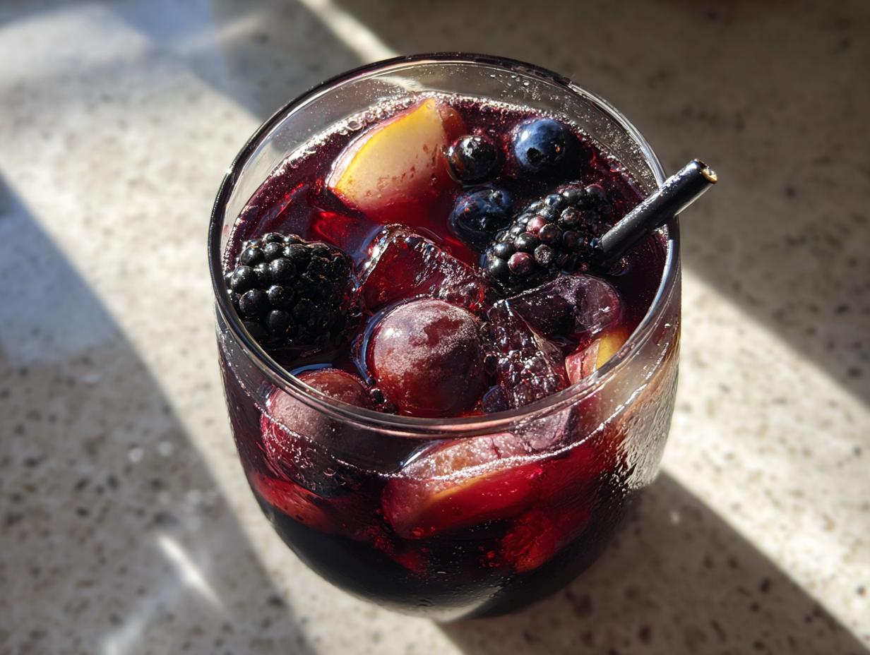 A glass of dark red Black Magic Sangria filled with ice, grapes, blackberries, blueberries, and peach slices, with a black straw.