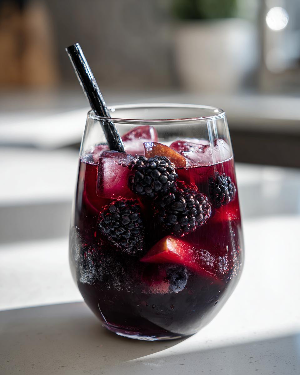 A glass of spooky Black Magic Sangria (Halloween) filled with blackberries, ice, and red wine.