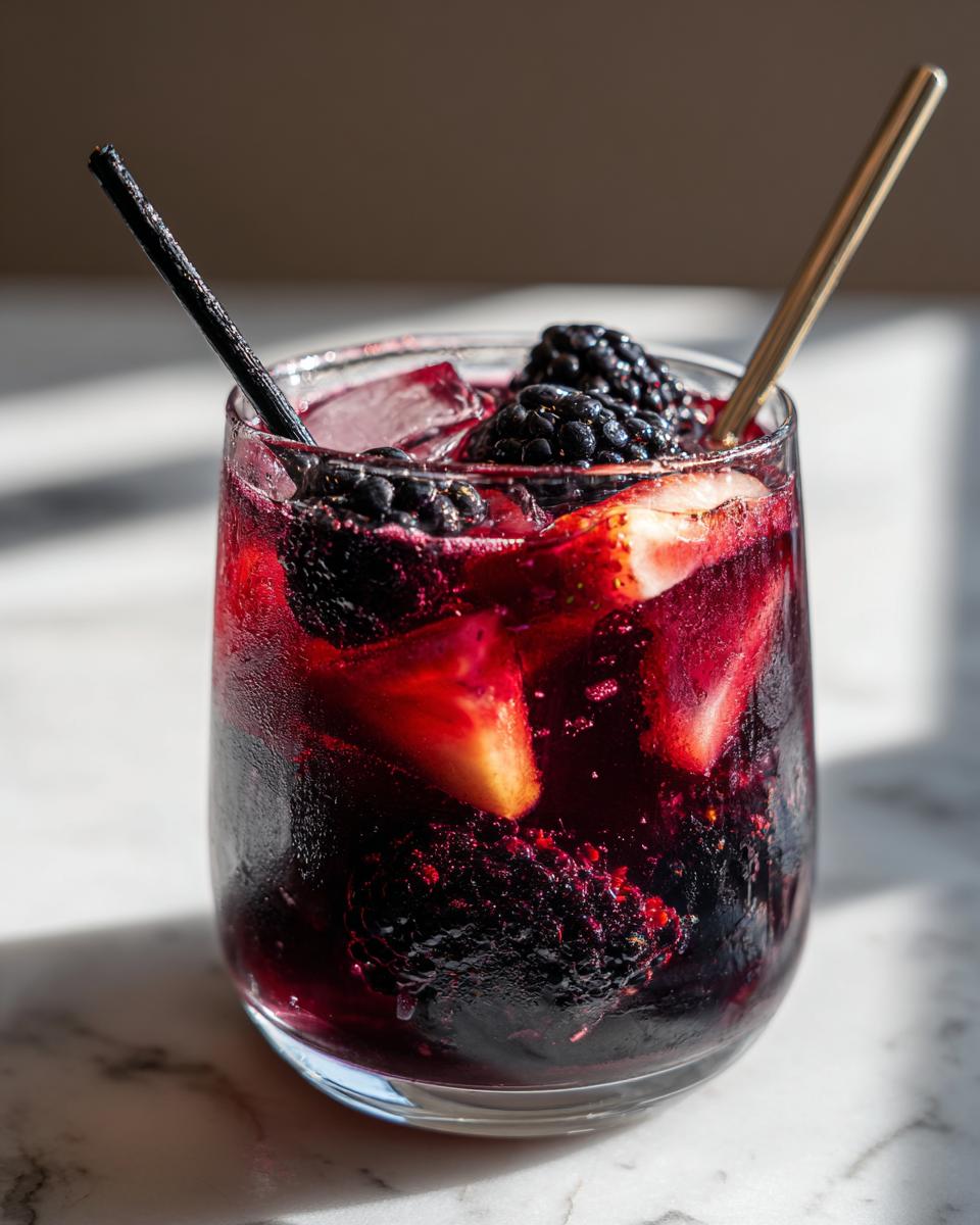 A refreshing glass of Black Magic Sangria for Halloween, filled with ice, blackberries, and strawberries, with two straws.