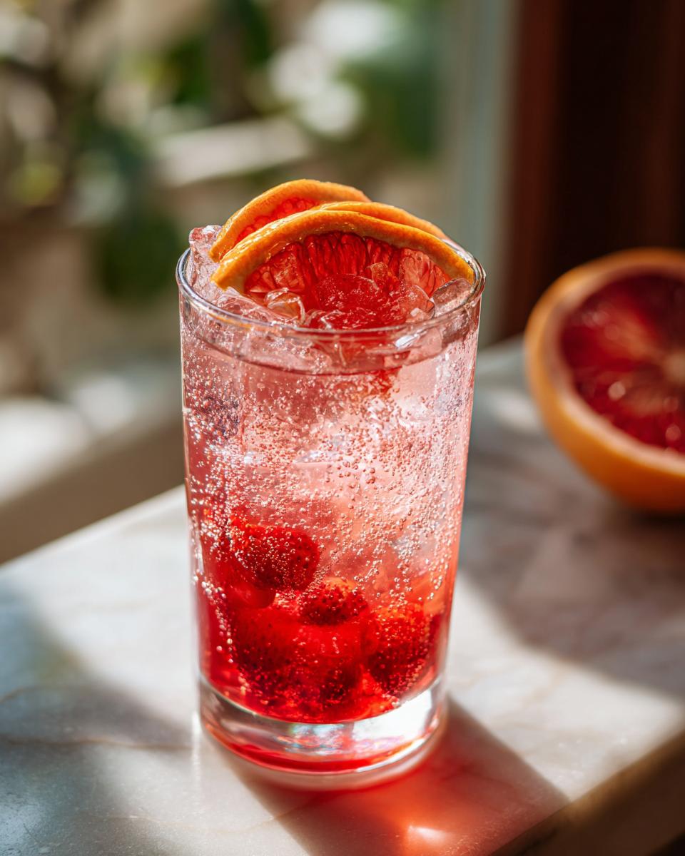 Icy fruit soda in a glass, garnished with blood orange slices and strawberries. A refreshing treat.