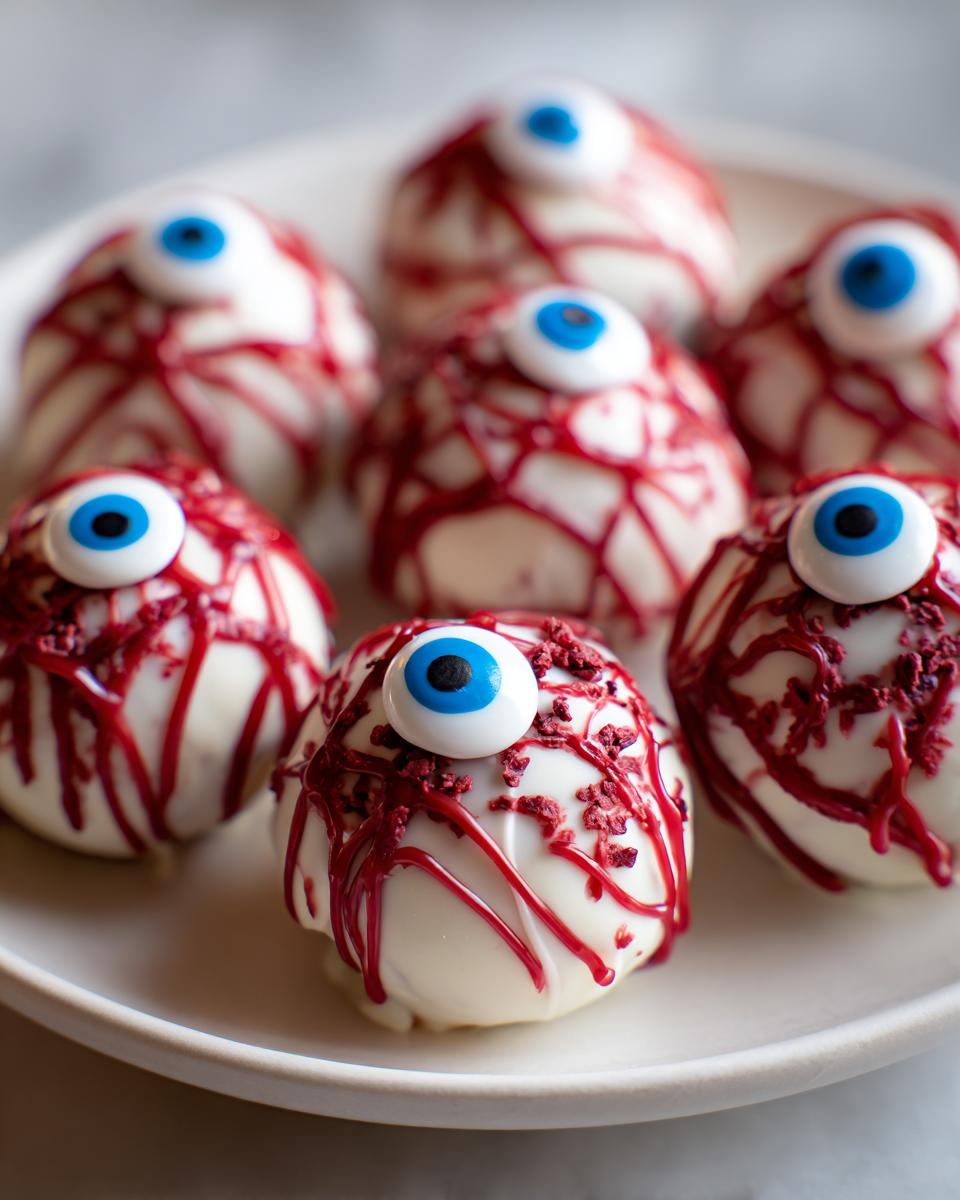 A plate of white chocolate-covered truffles decorated to look like bloody eyeballs for Halloween.