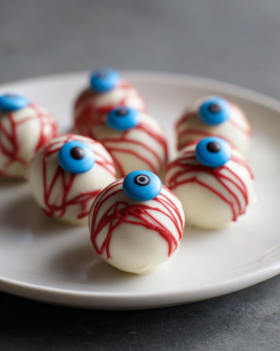 Close-up of white chocolate Bloody Eyeball Truffles decorated with red icing veins and blue candy eyes.