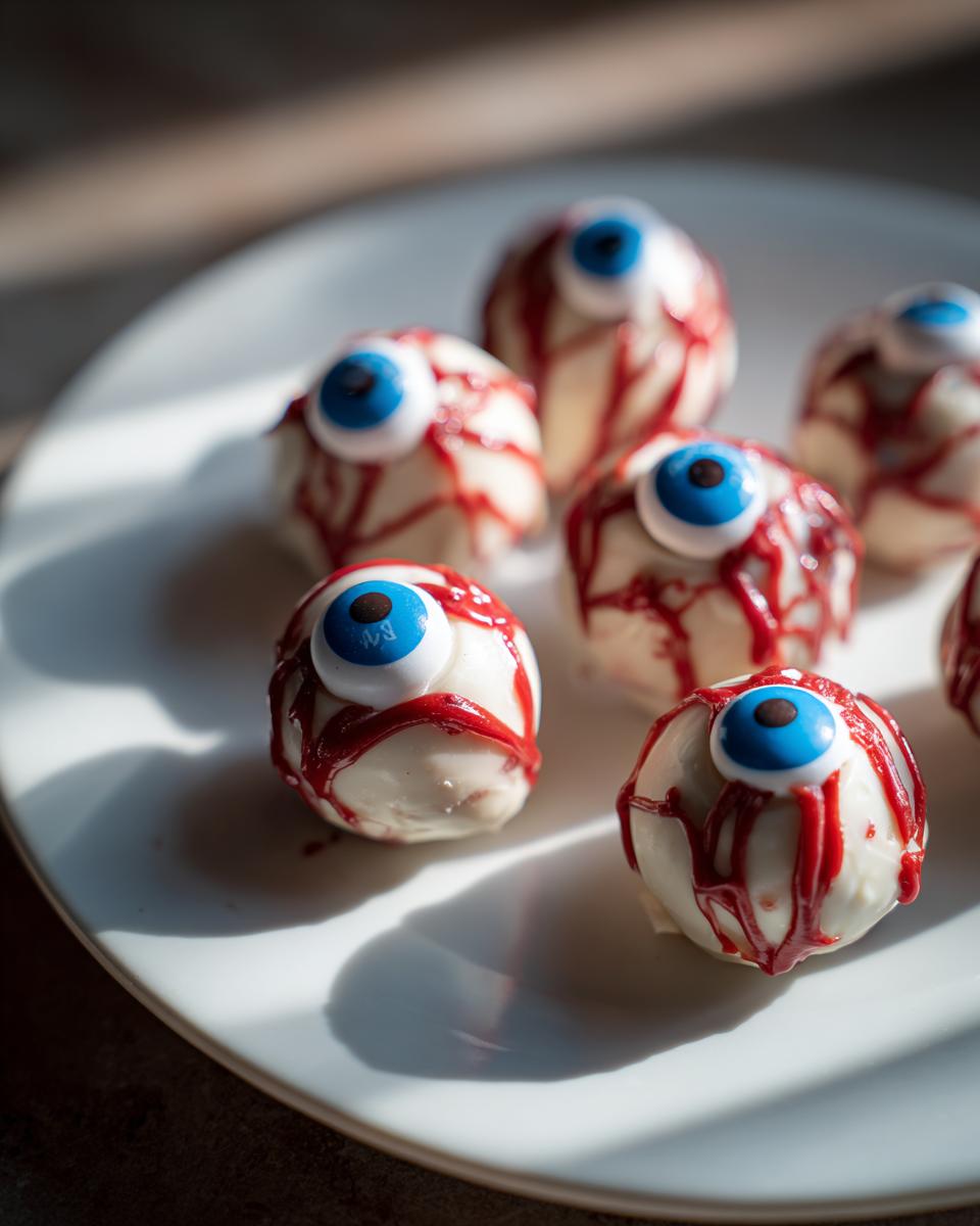 Close-up of white chocolate truffles decorated as Bloody Eyeball Truffles with blue candy eyes and red icing.