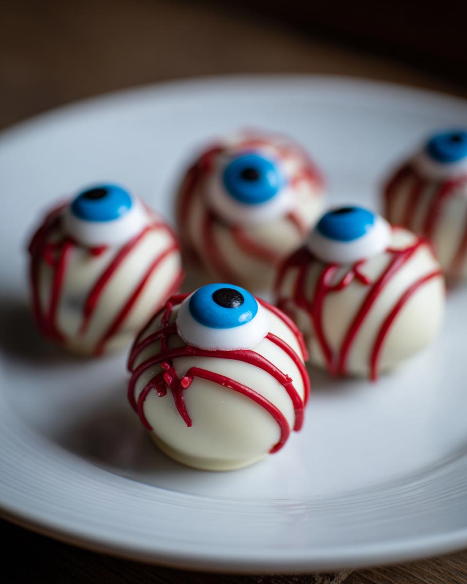 A close-up of several white chocolate Bloody Eyeball Truffles, decorated with red icing and blue candy eyes, on a white plate.