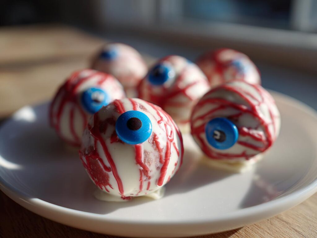 A plate of white chocolate-covered cake pops decorated to look like bloody eyeballs, perfect for Halloween.