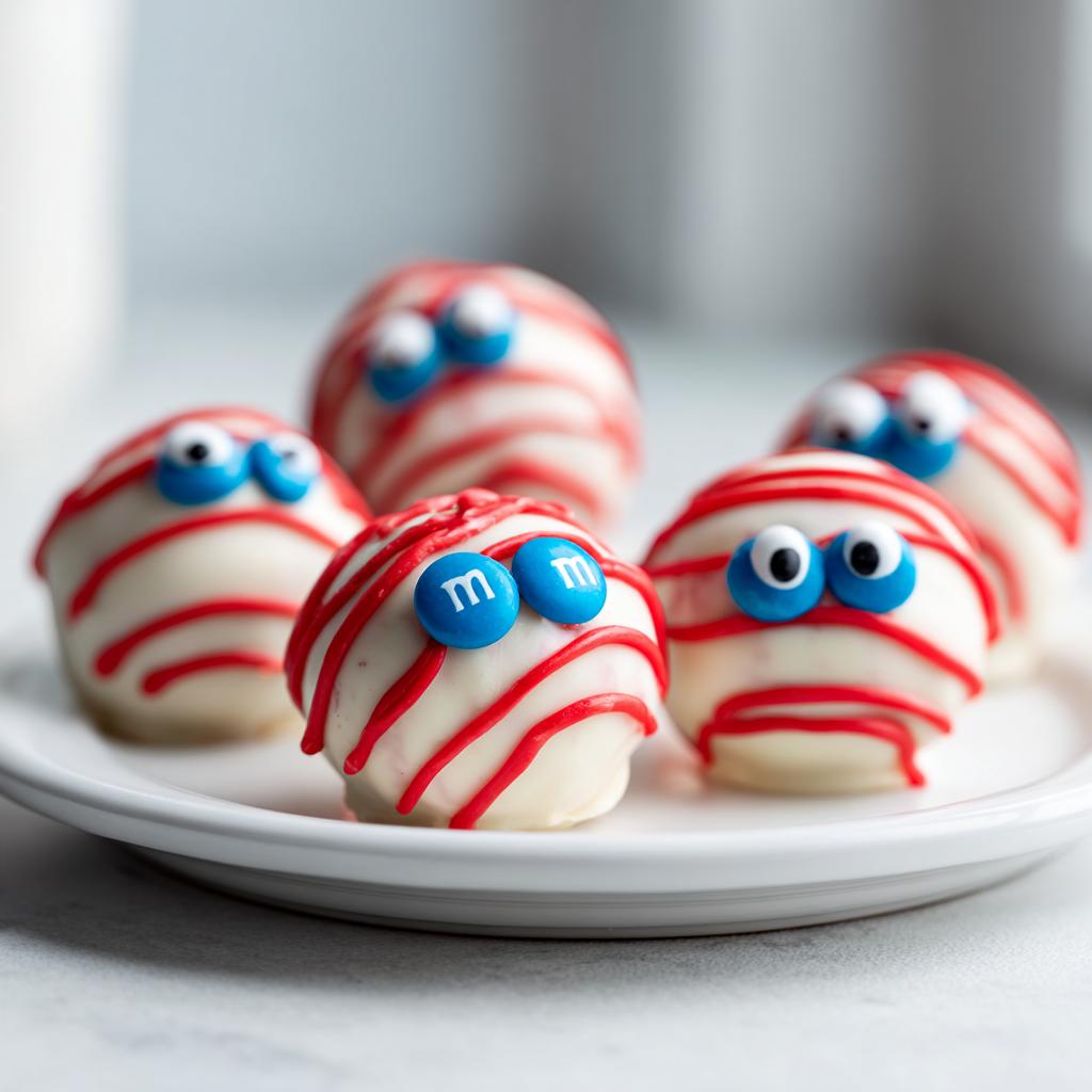 Close-up of several white chocolate-covered truffles decorated to look like mummies with red icing and blue M&M eyes, representing Bloody Eyeball Truffles.