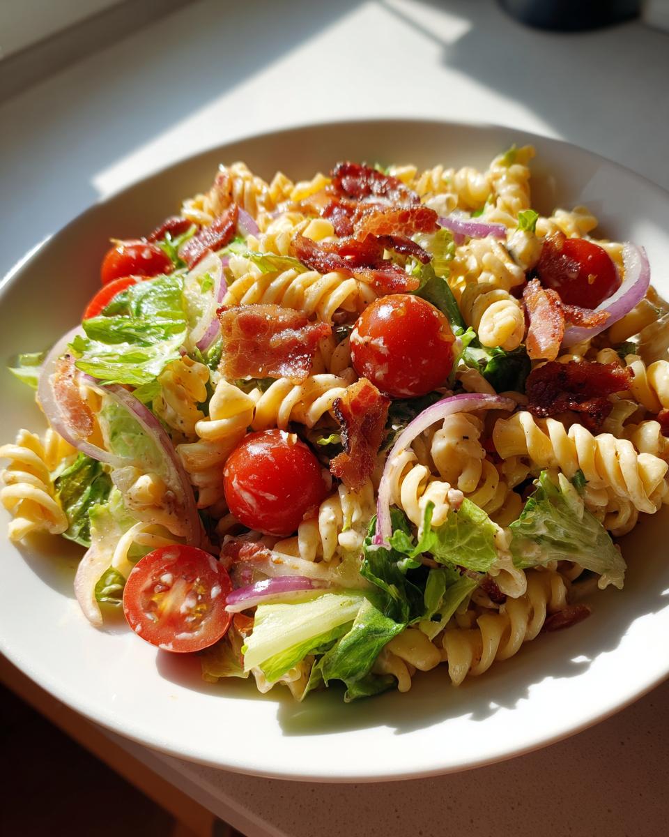 A close-up of BLT Pasta Salad featuring rotini pasta, crispy bacon, cherry tomatoes, red onion, and lettuce.