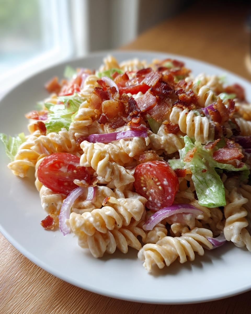 A close-up of a creamy BLT Pasta Salad featuring rotini pasta, crispy bacon, cherry tomatoes, red onion, and lettuce.