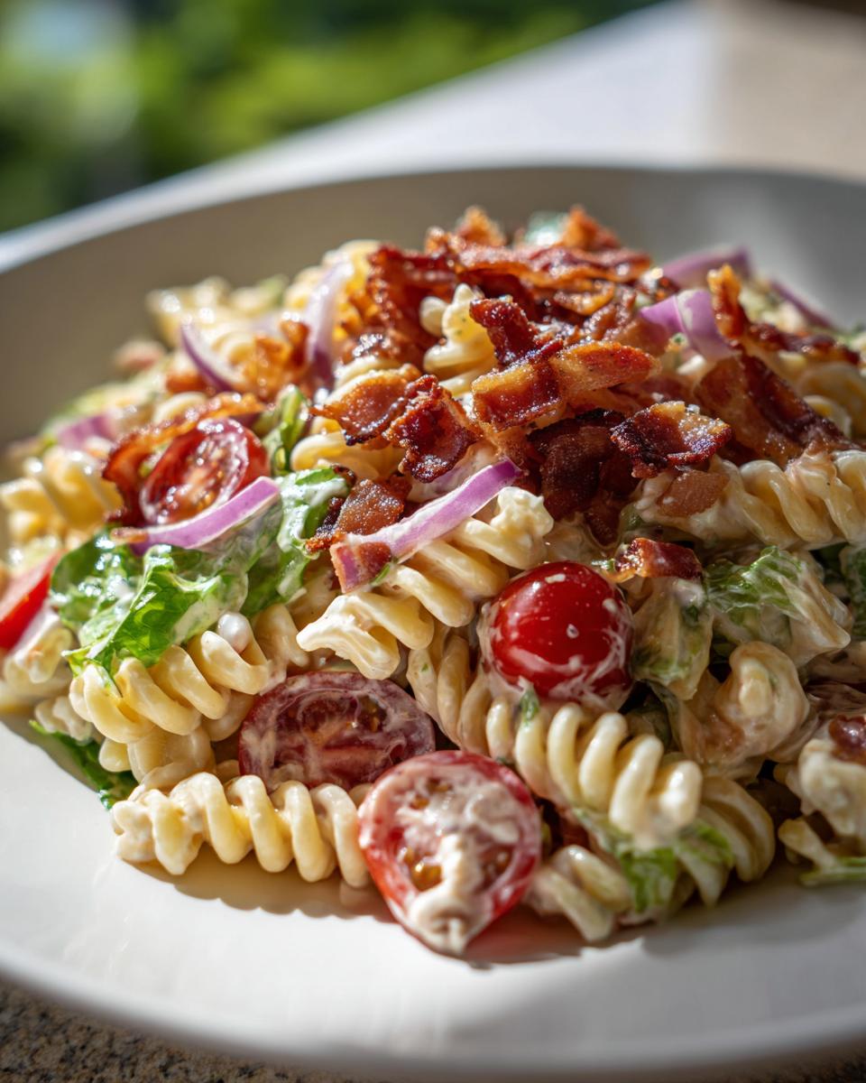 Close-up of a creamy BLT Pasta Salad with rotini pasta, cherry tomatoes, red onion, lettuce, and crispy bacon.