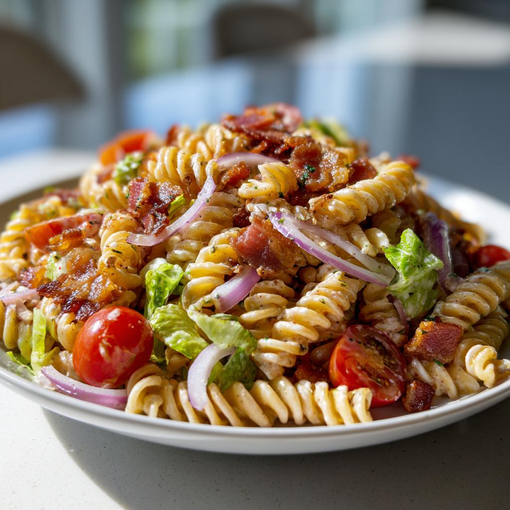 A close-up of a serving of BLT Pasta Salad, featuring rotini pasta, crispy bacon, cherry tomatoes, red onion, and lettuce.
