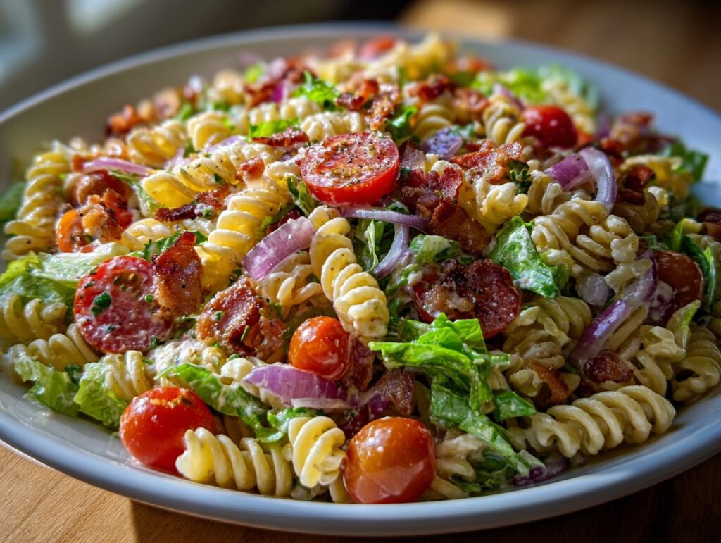 A close-up of a creamy BLT Pasta Salad with rotini pasta, bacon, cherry tomatoes, red onion, and lettuce.
