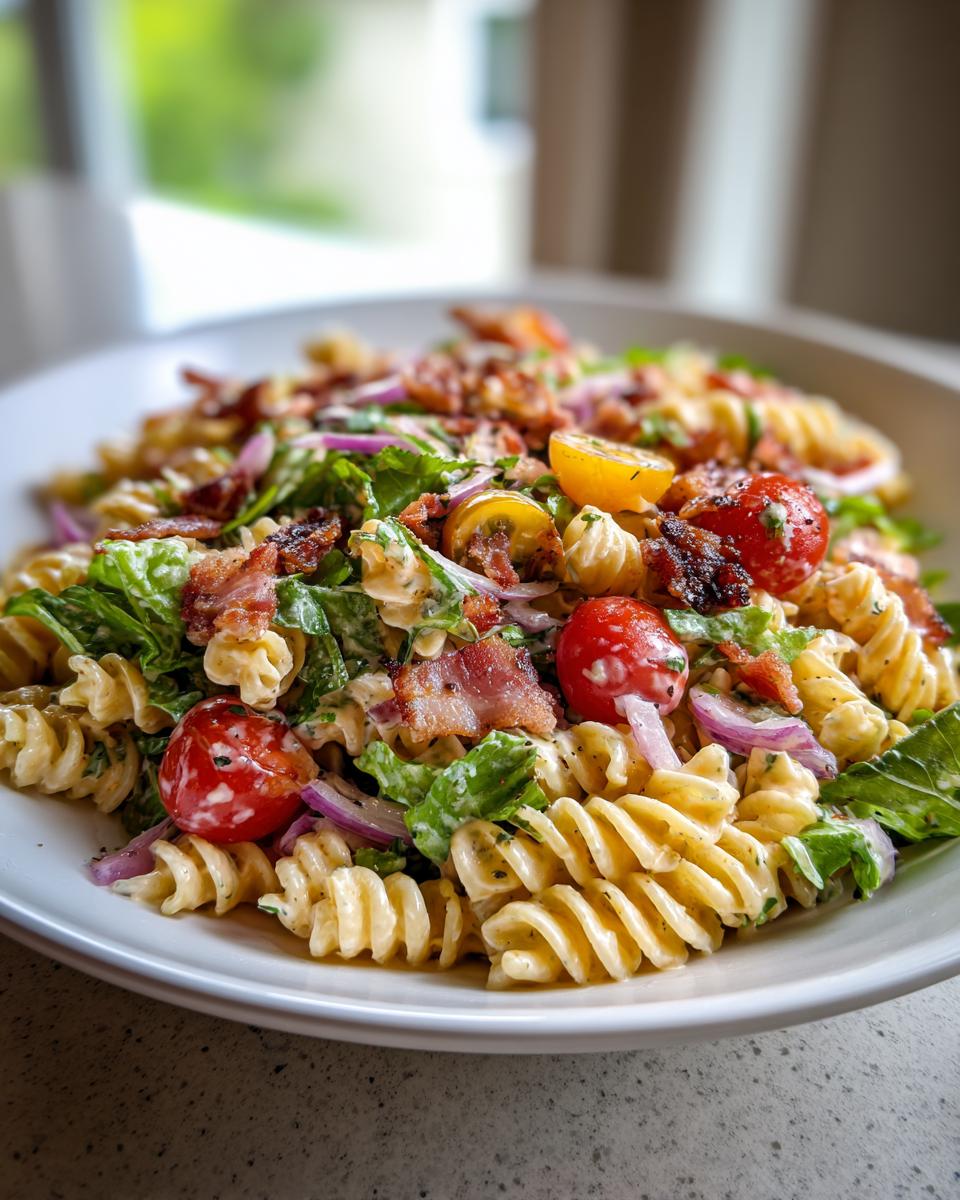 A close-up of a creamy BLT Pasta Salad with fusilli pasta, cherry tomatoes, crispy bacon, and red onion.