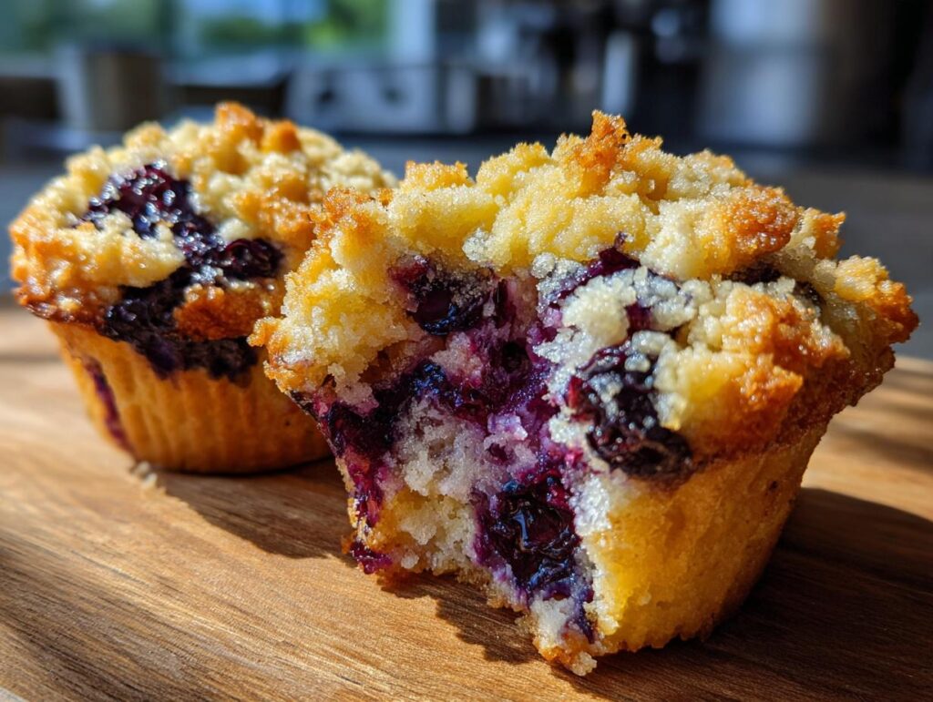 Close-up of a blueberry crumble muffin, showcasing a perfect addition to blueberry dessert recipes.