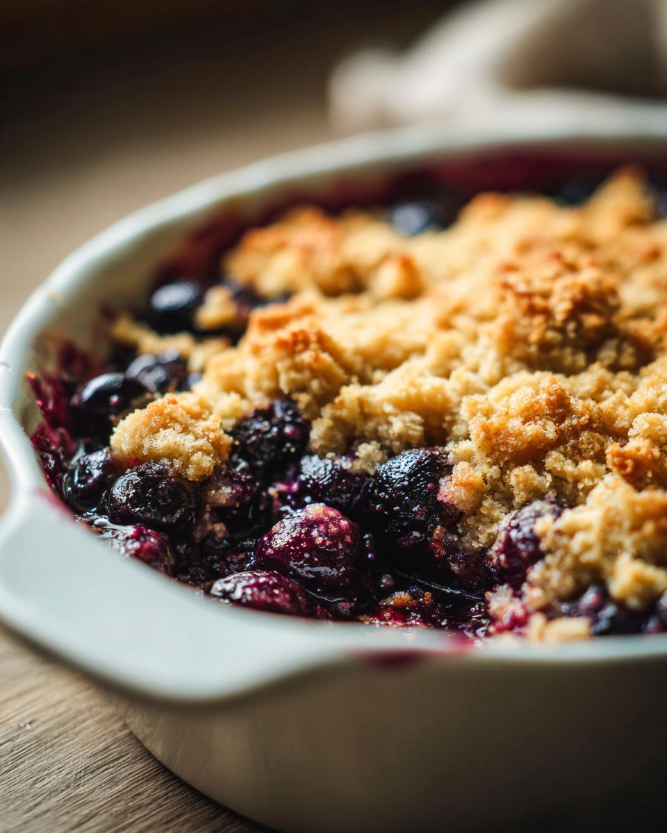 Close-up of a baked blueberry dessert with a golden crumble topping, part of blueberry dessert recipes.
