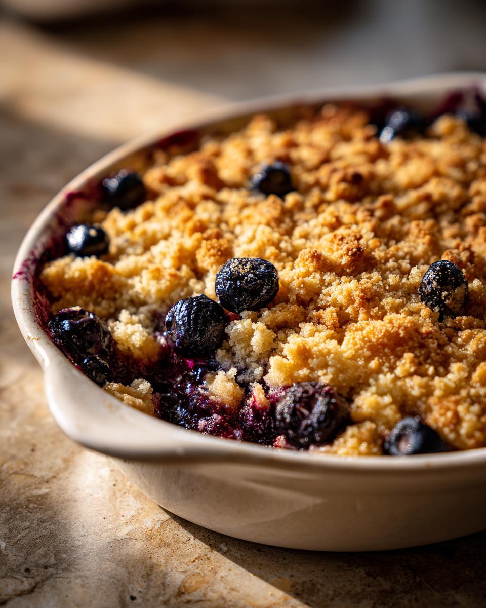 Close-up of a baked blueberry dessert recipe crumble in a ceramic dish with golden brown topping and juicy blueberries.