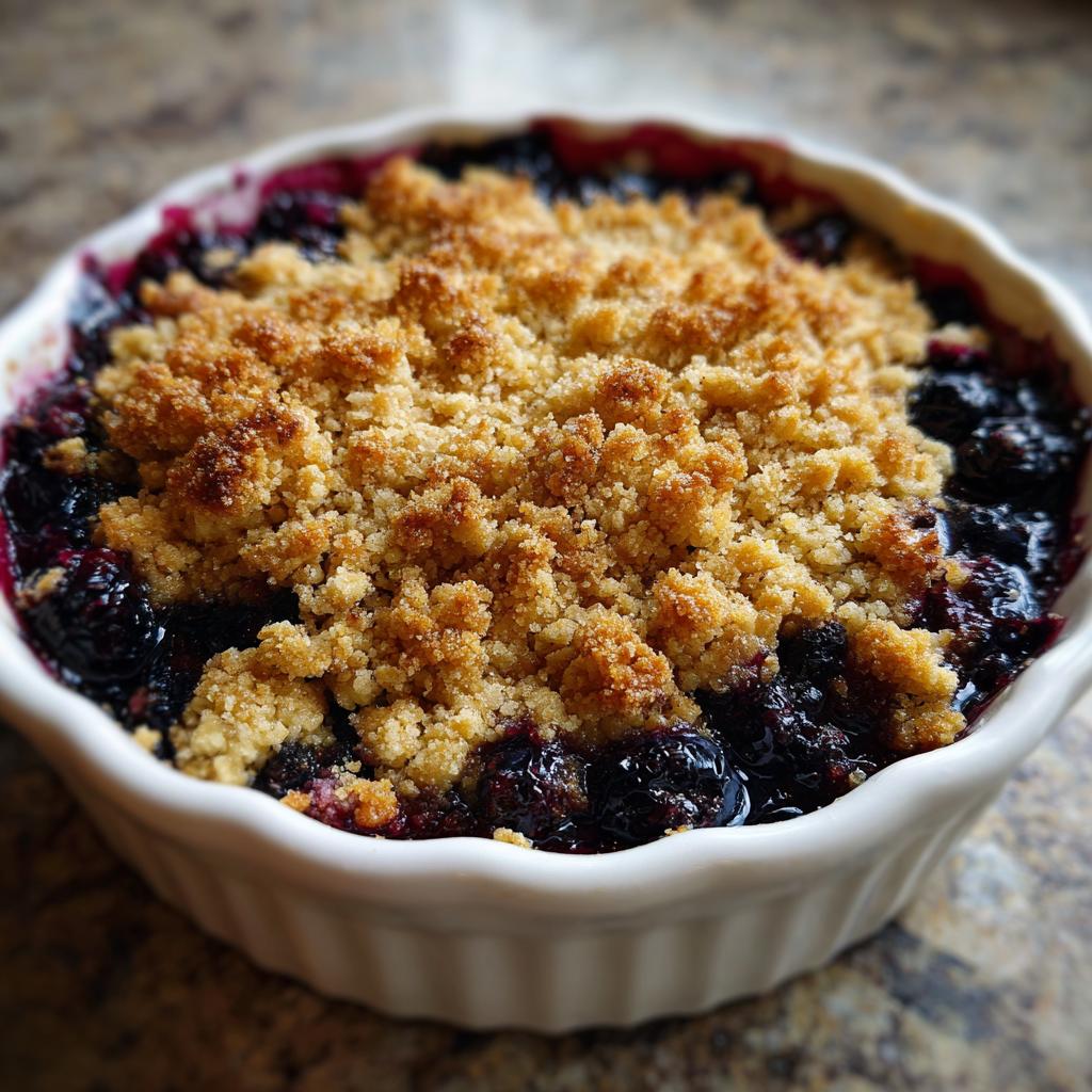A close-up of a baked blueberry dessert recipes crumble in a white dish with a golden brown topping.