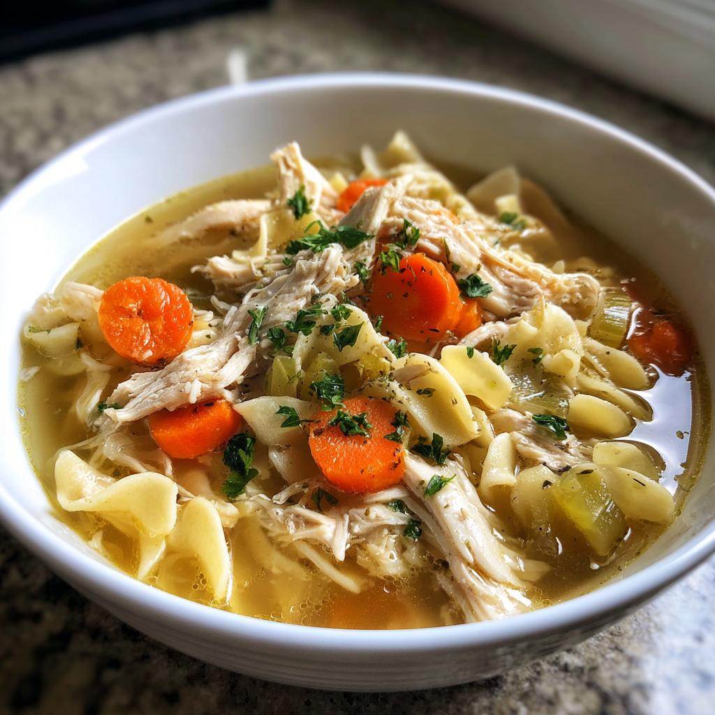 A comforting bowl of best chicken soup with noodles, carrots, celery, and shredded chicken, garnished with parsley.