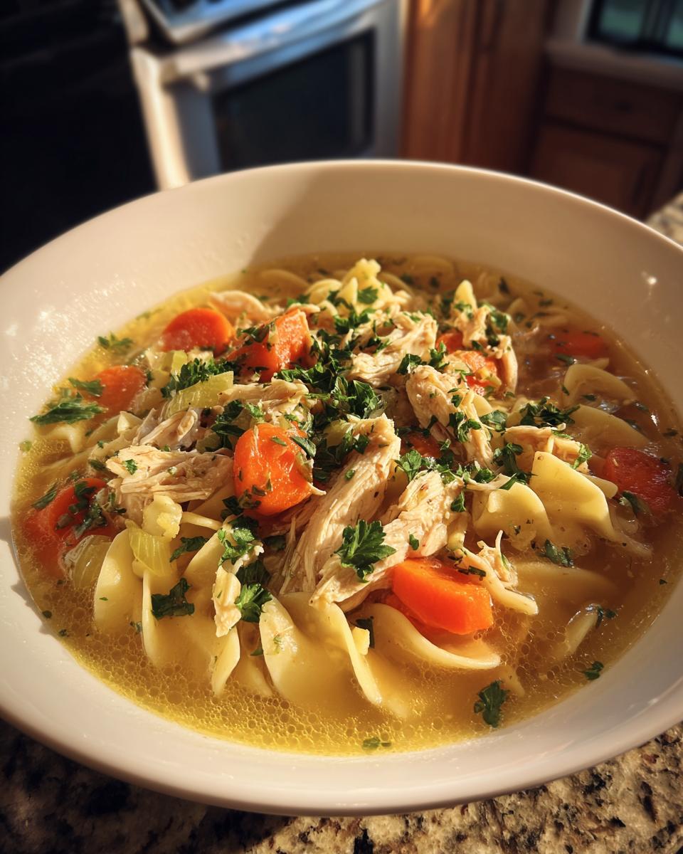 A bowl of best chicken soups featuring egg noodles, shredded chicken, carrots, celery, and parsley.