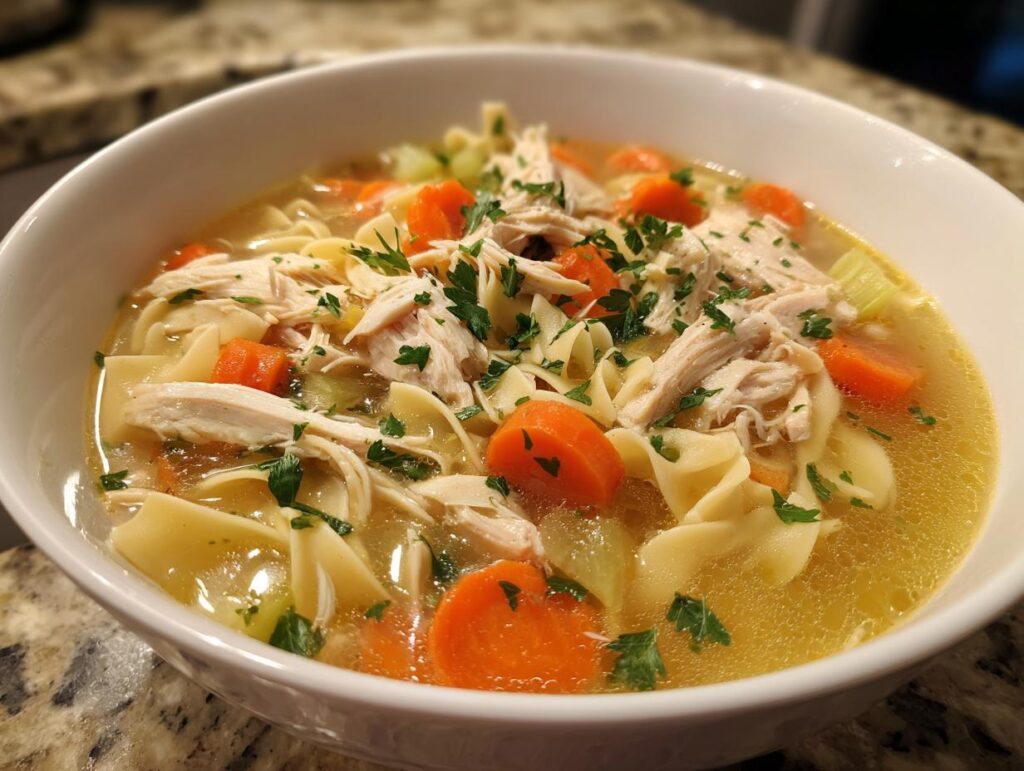 A comforting bowl of chicken soup with noodles, carrots, celery, and shredded chicken, garnished with parsley.