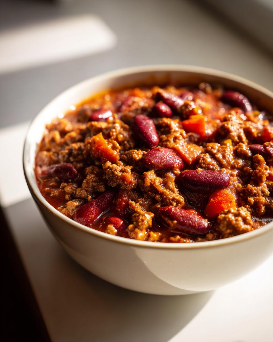 Bowl of hearty chili with kidney beans and ground meat, perfect for an easy meal.