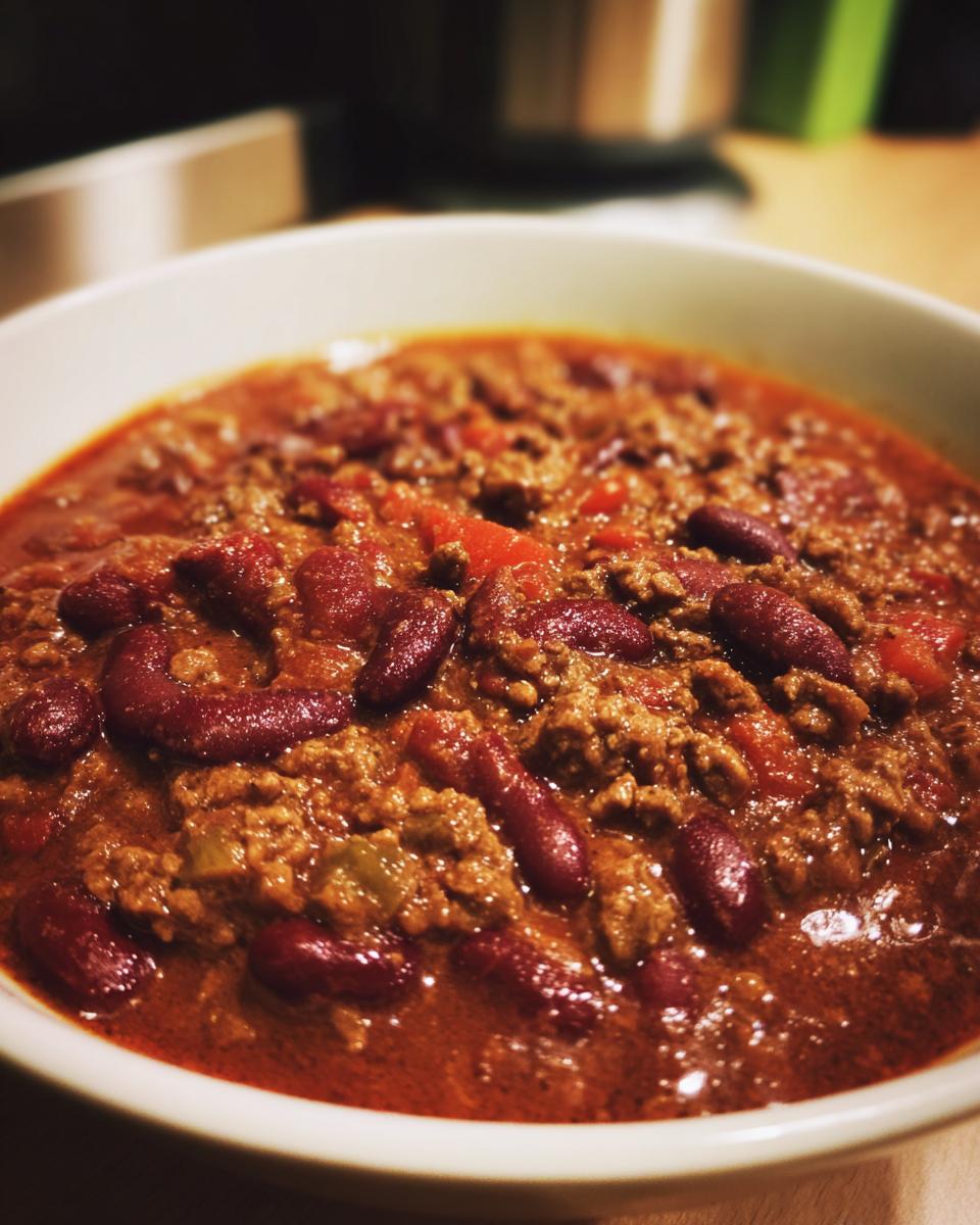 Close-up of a bowl of chili with kidney beans and ground beef, a delicious and easy meal.