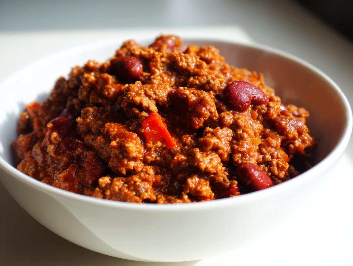 Bowl of hearty chili with kidney beans and ground meat, a perfect easy meal.