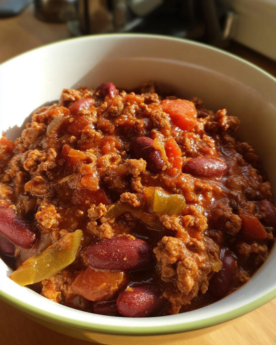 A bowl of hearty chili with kidney beans, ground meat, and vegetables. One of our favorite easy meals.