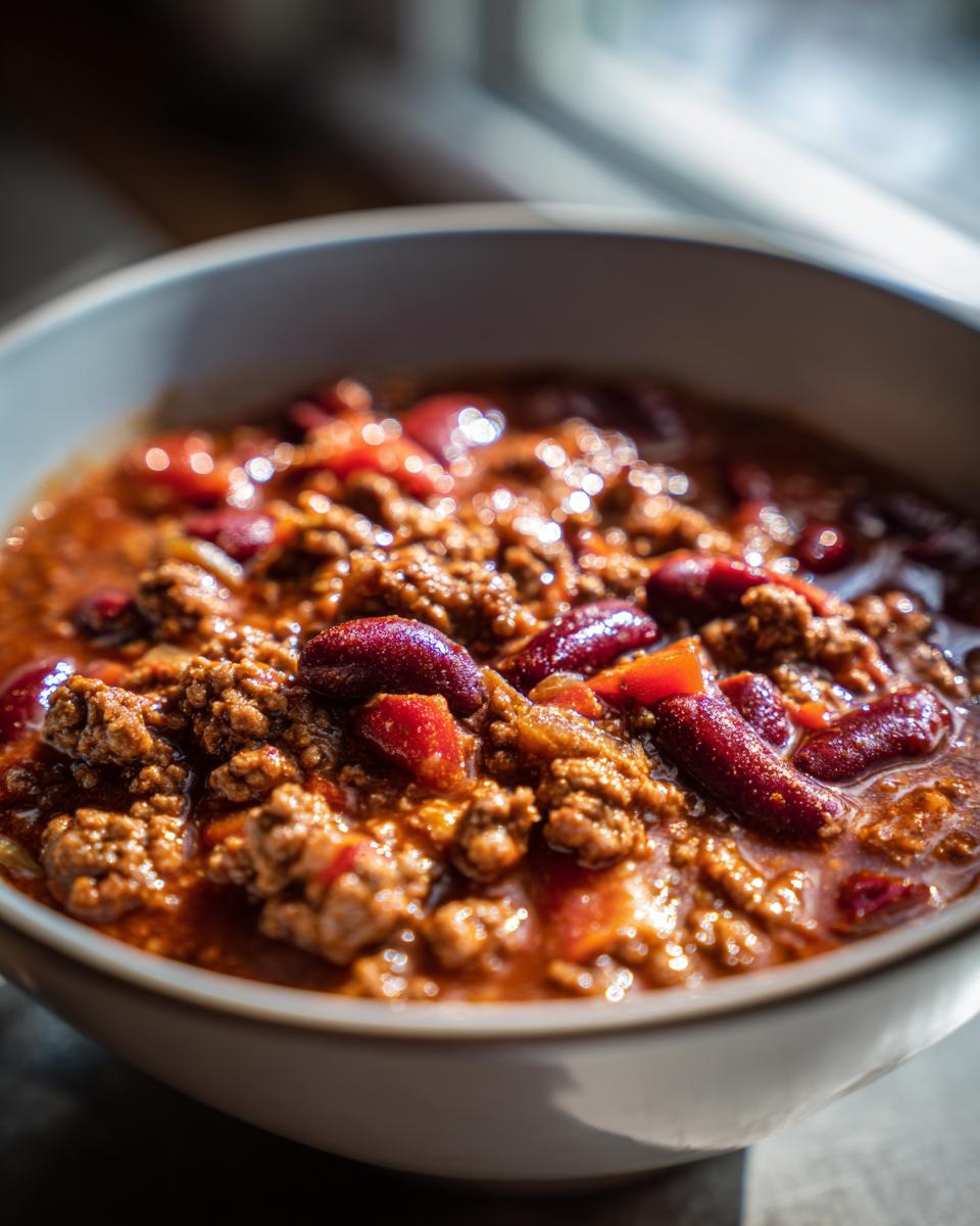 Close-up of a bowl of chili, a perfect quick dinner, with ground meat, kidney beans, and vegetables.