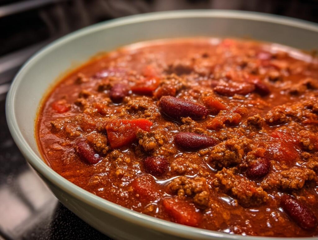 Close-up of a bowl of hearty chili, showcasing the rich texture and ingredients for a chili recipe easy.