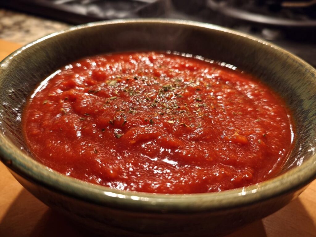 A bowl of homemade marinara sauce, garnished with herbs, ready to serve.