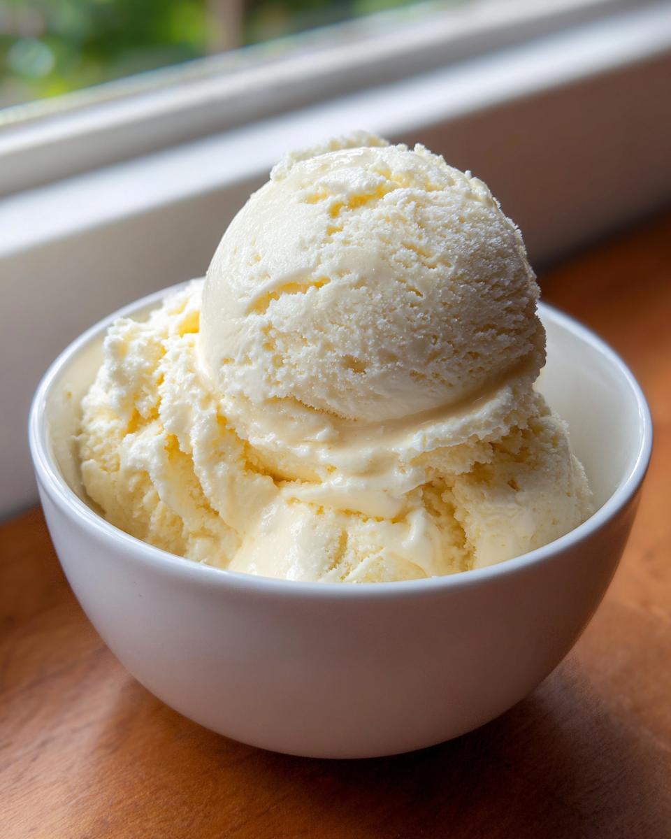 A white bowl filled with scoops of creamy, delicious homemade ice cream.