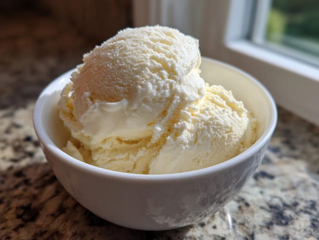 A bowl of creamy, white homemade ice cream sits on a countertop, ready to be enjoyed.