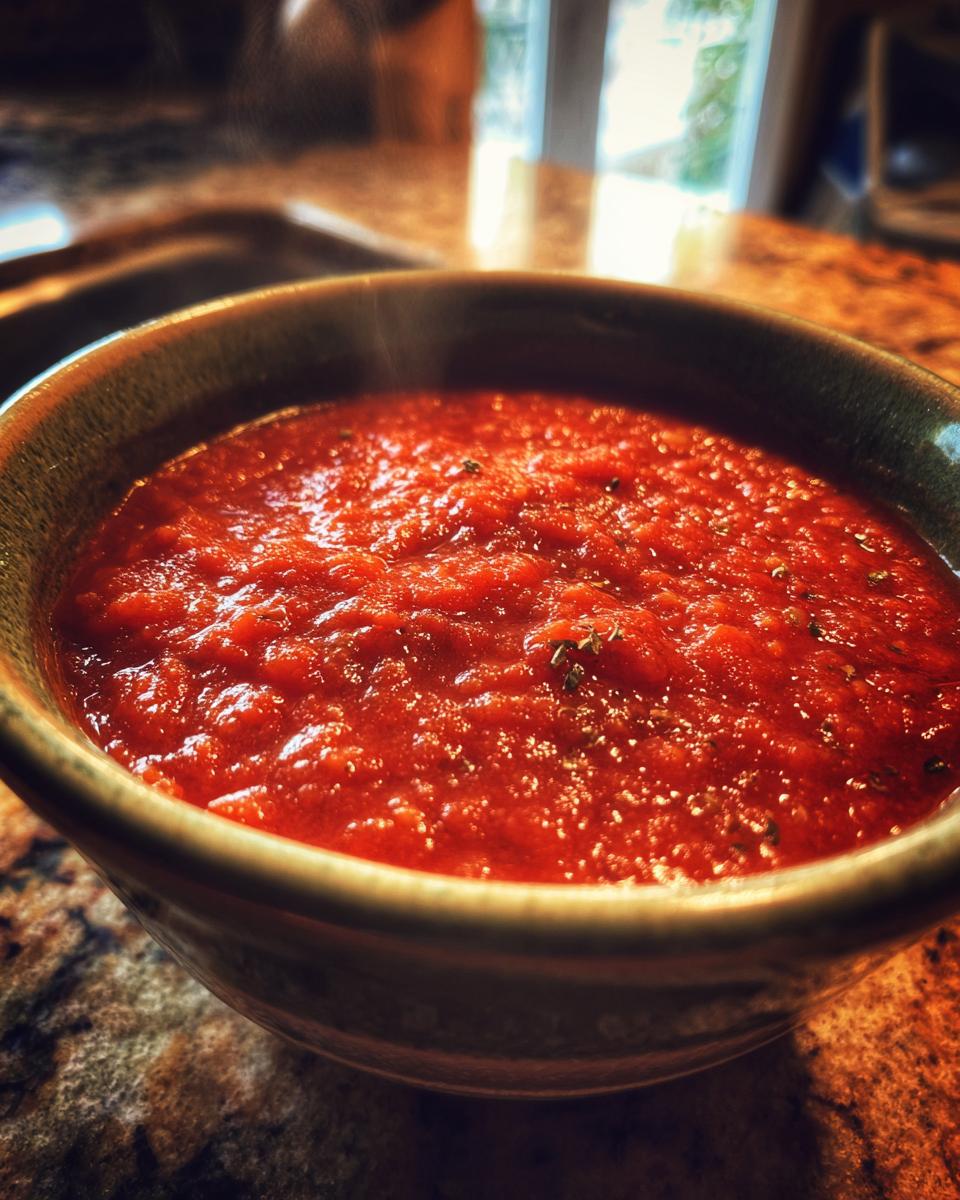 Close-up of a steaming bowl of homemade Marinara sauce, garnished with herbs.