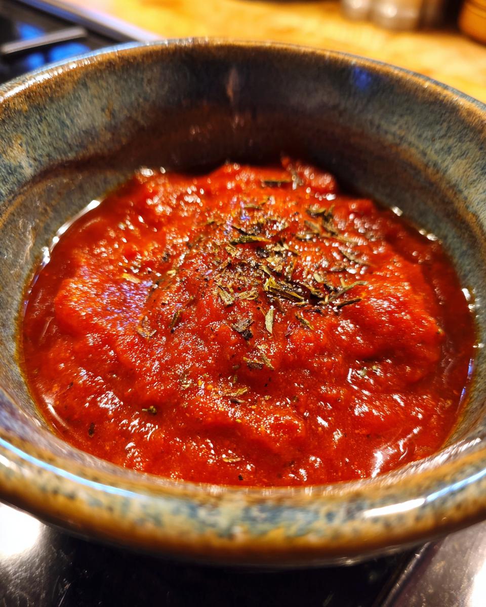 A bowl of vibrant, homemade Marinara sauce, garnished with fresh herbs. Ready to serve.